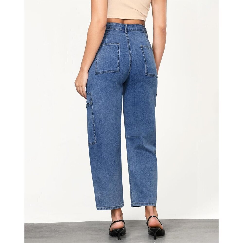 Women Jeans High Waisted Crop Cargo Pockets Wide Leg Stretch Denim - Picture 3 of 6